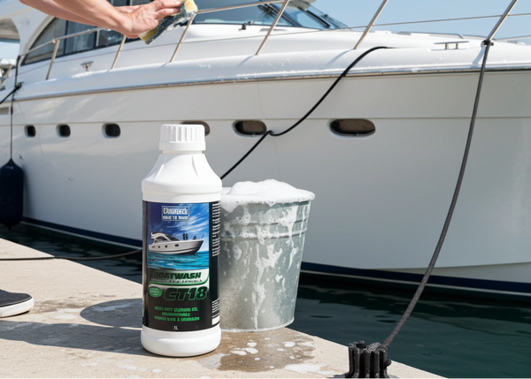 Person cleaning a boat with a bottle of cleaner and a bucket on a dock.