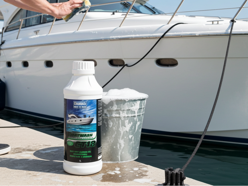 Person cleaning a boat with a bottle of cleaner and a bucket on a dock.