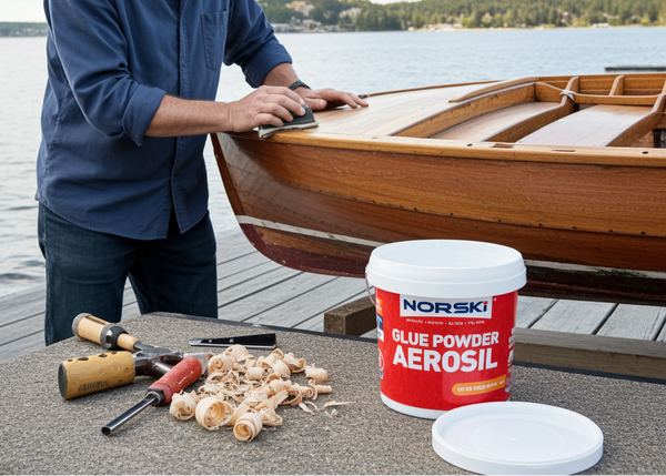 Man working on a wooden boat with NORSKI glue powder aerosil container by a lake.