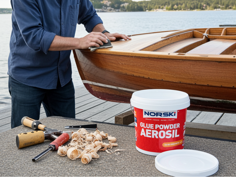 Man working on a wooden boat with NORSKI glue powder aerosil container by a lake.