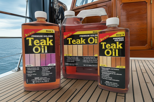 Three bottles of teak oil on a wooden deck with a boat in the background.