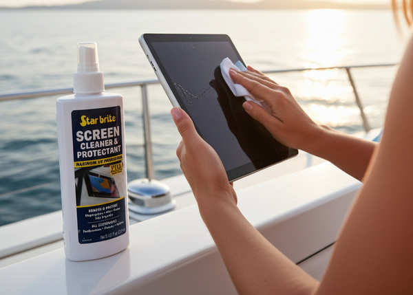 Person cleaning a tablet on a boat with Star Brite Screen Cleaner & Protectant.