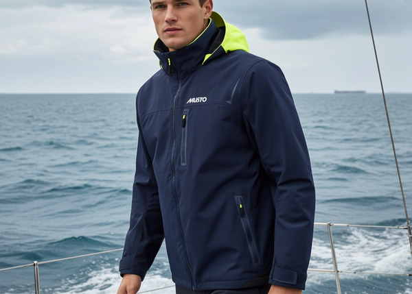 Man wearing a navy jacket with a yellow hood on a boat with ocean and cloudy sky in the background