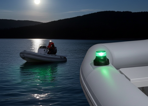 Inflatable boat with green light on a body of water at night