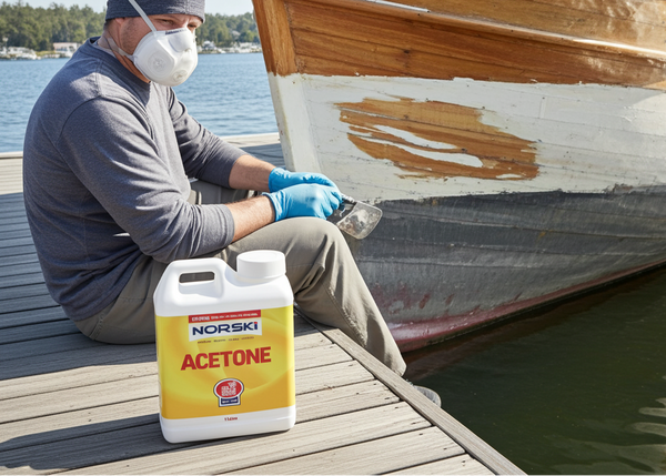 Person working on a boat with Norski Acetone container nearby