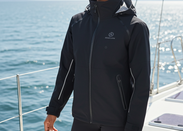 Person wearing a black jacket on a boat with water in the background