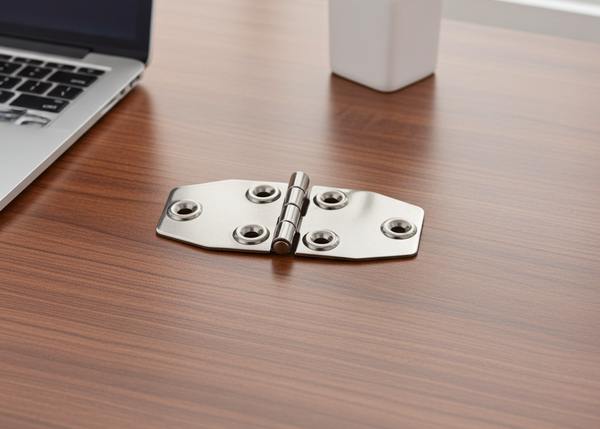 Metallic door hinge on a wooden desk with a laptop and plant in the background