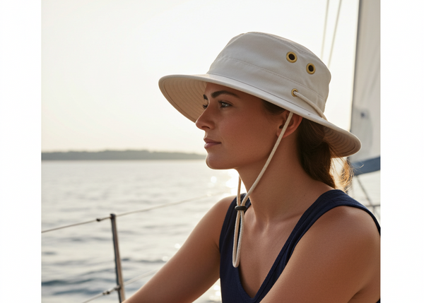 Woman wearing a wide-brimmed hat on a boat with water in the background