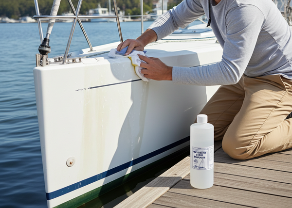 Man cleaning a sailboat with a bottle of cleaning solution on a dock.