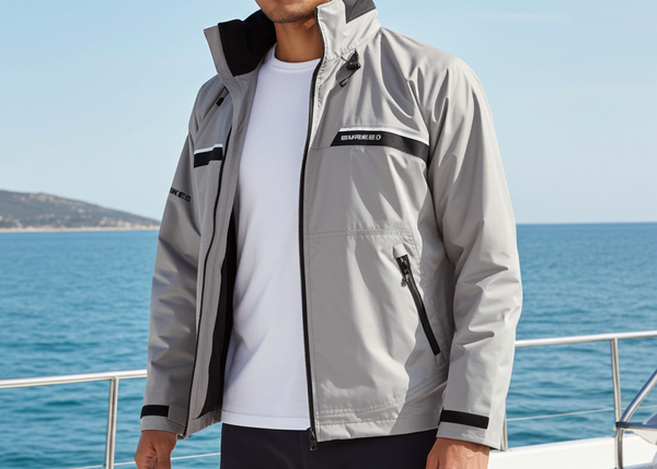 Man wearing a gray jacket on a boat with ocean and sky in the background