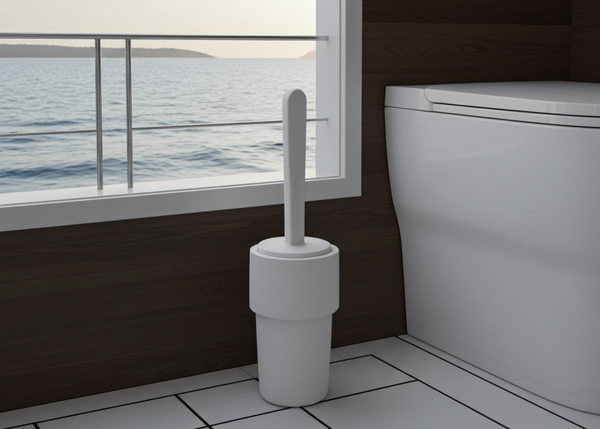 White toilet brush holder with a toilet brush on a tiled bathroom floor, window in the background showing water view.