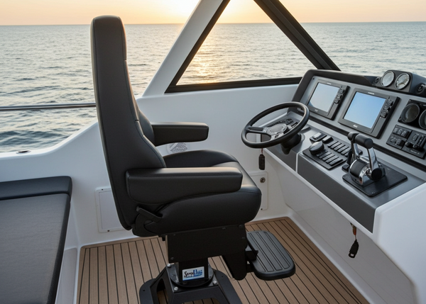Yacht's driver's seat and dashboard with a view of the ocean during sunset.