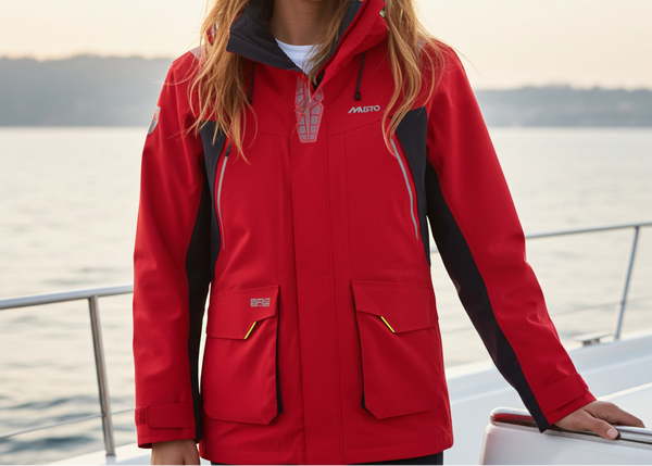 Woman wearing a red jacket on a boat with a scenic background