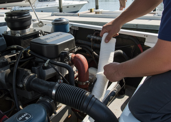 Person working on a boat engine at a dock with other boats in the background.