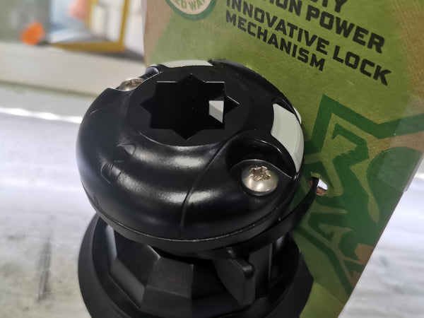 Black lock mechanism on a green background with text
