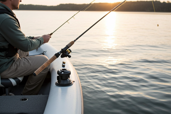 Man fishing from a boat on a calm lake at sunset