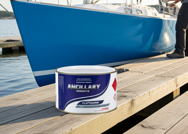Can of Ancillary Products paint on a dock with a blue sailboat in the background