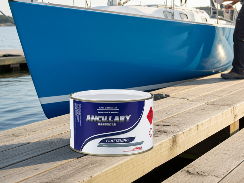 Can of Ancillary Products paint on a dock with a blue sailboat in the background