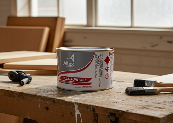 Altex multipurpose paint can on a wooden workbench with tools in a workshop setting