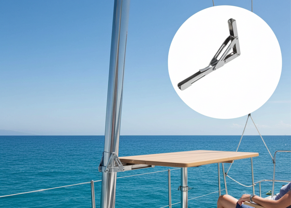 Person sitting on a boat with a table and a close-up of a metal clip against a blue sky and ocean background.