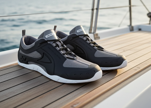 Black and gray sneakers on a boat deck with ocean view