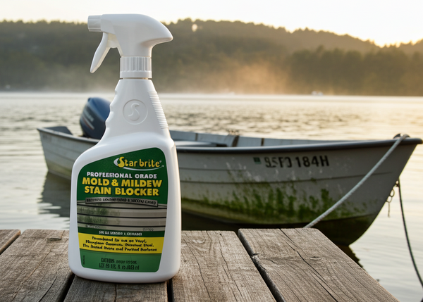 Star brite mold and mildew stain blocker spray bottle on a wooden dock with a boat and lake in the background.