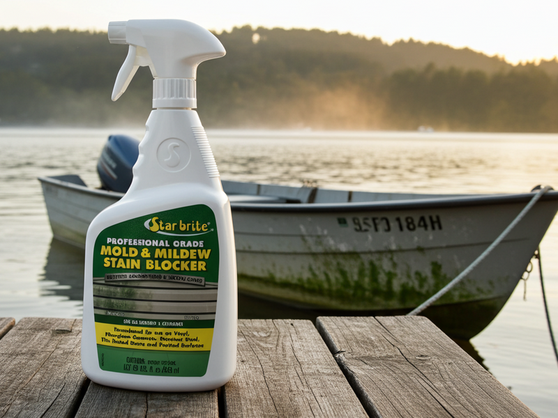 Star brite mold and mildew stain blocker spray bottle on a wooden dock with a boat and lake in the background.