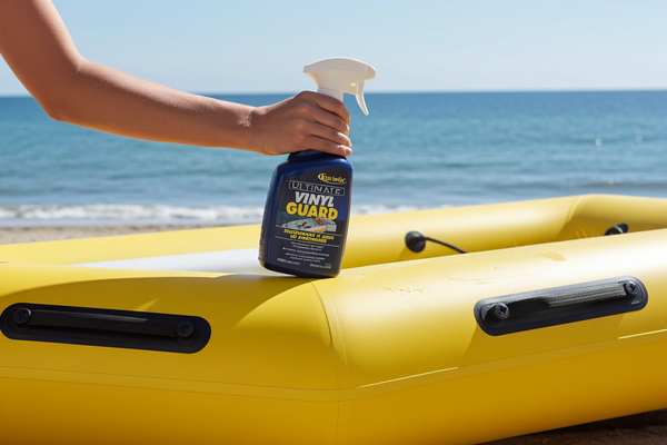 Person holding a bottle of vinyl guard on a yellow inflatable raft by the ocean.
