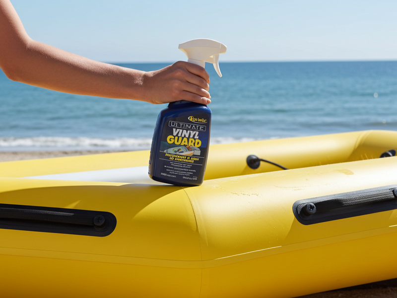 Person holding a bottle of vinyl guard on a yellow inflatable raft by the ocean.