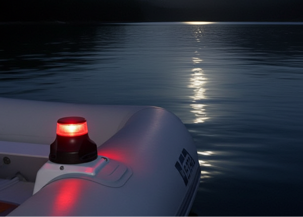 Boat with a red light on a lake at night under a full moon