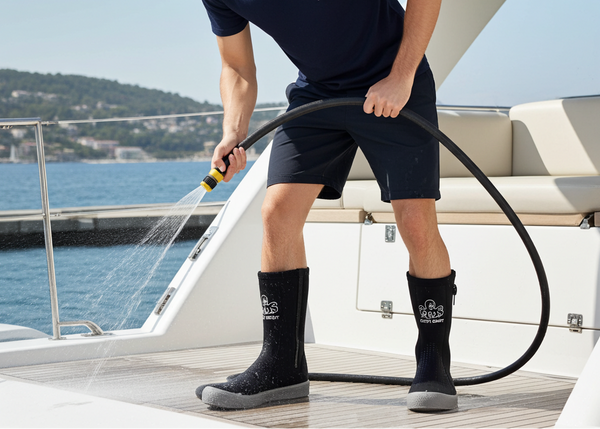 Man cleaning a boat with a high-pressure washer on a sunny day.