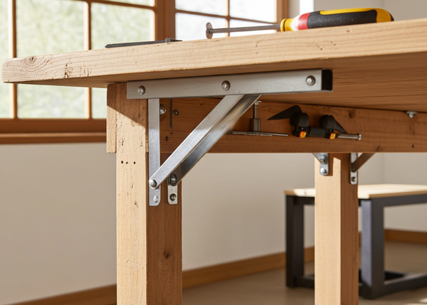 Wooden workbench with tools in a workshop setting