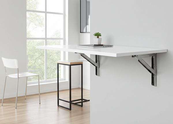 Wall-mounted white desk in a minimalistic room with a window and chair.