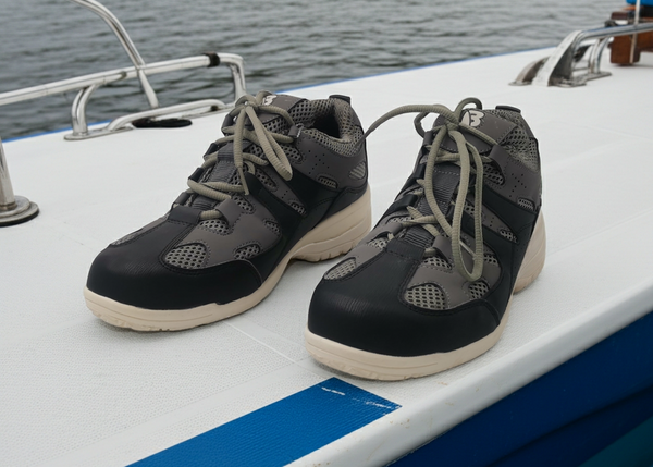 Pair of black and gray sneakers on a boat with water in the background