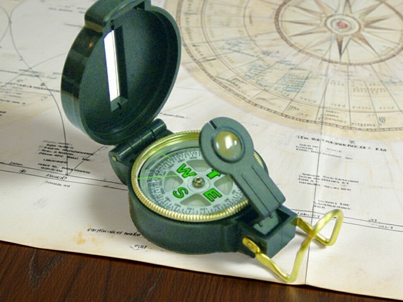 Green compass on an old map with a wooden surface underneath