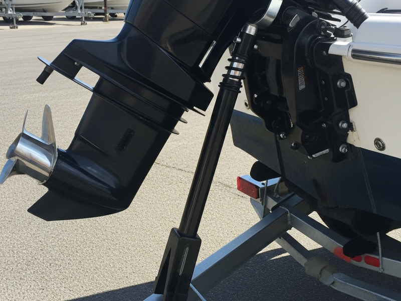 Outboard motor on a trailer with a marina background