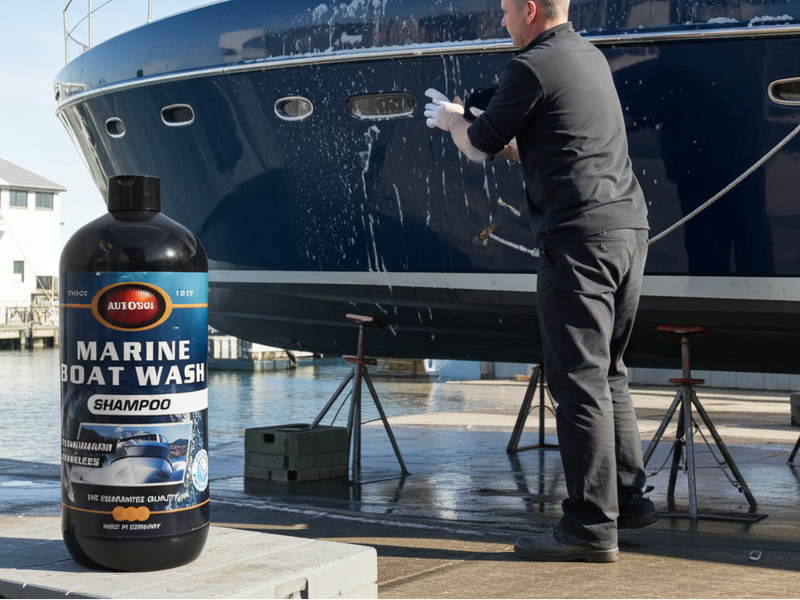 Person washing a boat with a bottle of Marine Boat Wash Shampoo in the foreground.