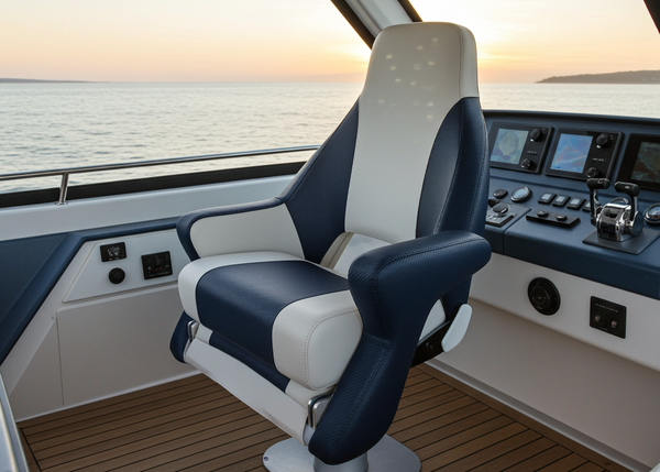 Marine steering chair with ocean view in the background