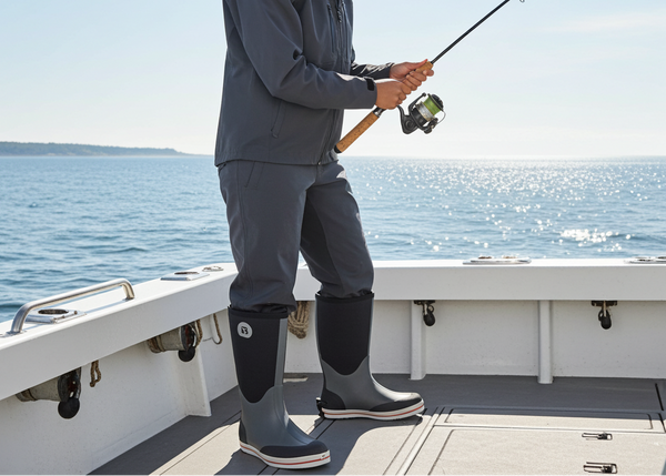 Woman fishing on a boat with a clear blue sky and ocean background