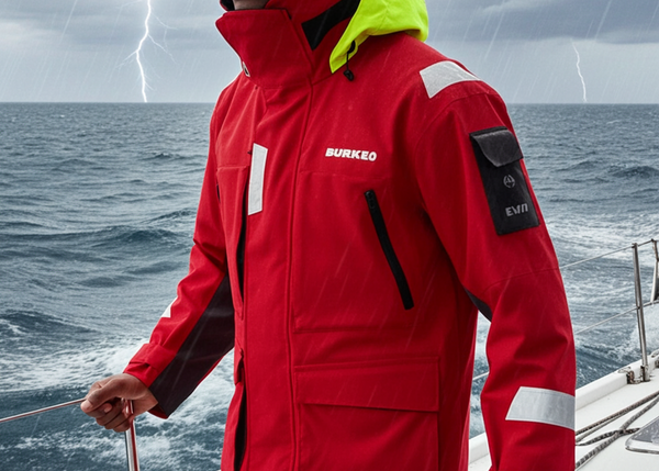 Person wearing a red and yellow jacket on a boat with stormy weather and lightning in the background