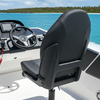 Boat steering wheel and seat with a scenic ocean view