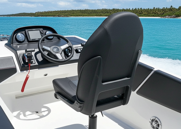 Boat steering wheel and seat with a scenic ocean view