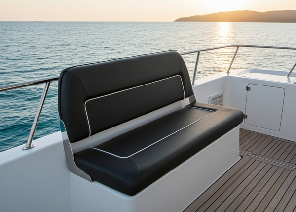 Black cushioned bench on a boat deck with ocean and sunset in the background