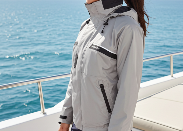 Woman wearing a gray jacket on a boat with ocean in the background
