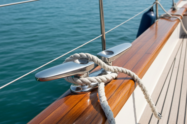 Close-up of a boat's railing with a rope and cleat, set against a backdrop of water and sky.