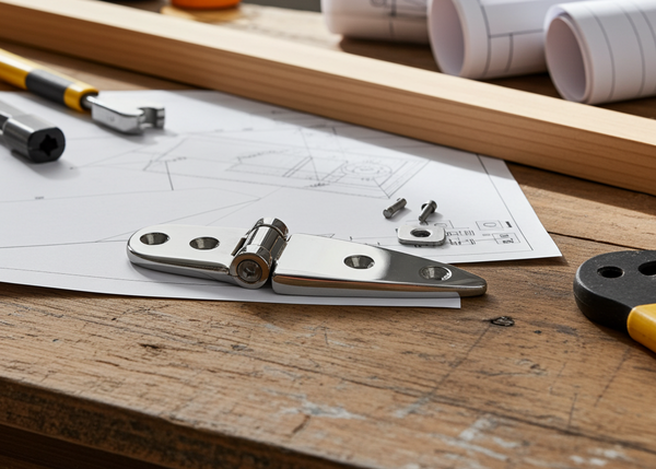 Woodworking tools and materials on a wooden table with blueprints in the background.