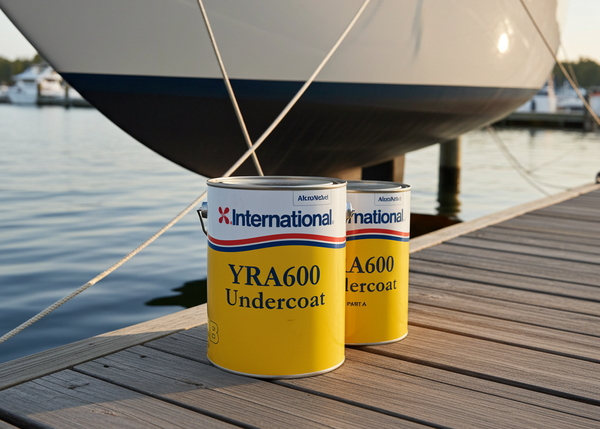 Two cans of International YRA600 Undercoat on a dock with a sailboat in the background.