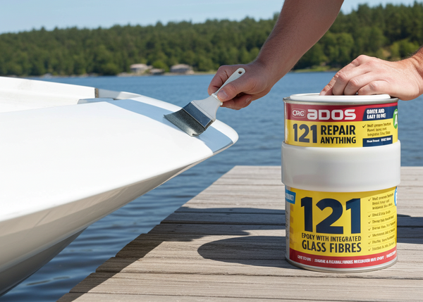 Person holding a paintbrush near a container of ADOS 121 repair paint on a dock by a lake.