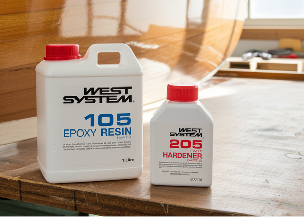 West System epoxy resin and hardener bottles on a wooden surface with a person working in the background.