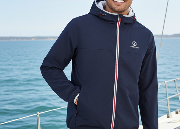 Man wearing a navy jacket with a brand logo on a boat with water and sky in the background